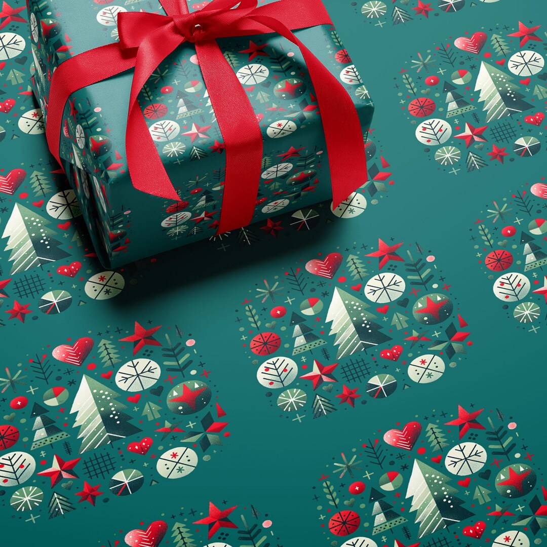 Mid Century Retro Christmas Wrapping Paper Green Background Tree Heart ...