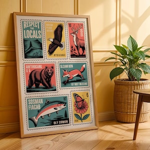 Respektiere die Einheimischen Digitales Wandbild, zum ausdrucken, Wildtier Stempel Poster mit Fuchs Bär Adler Reh Eichhörnchen Schmetterling und Lachse