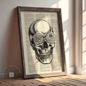 Vintage Skull Flower Poster on Dictionary Page Gothic Botanical Wall Art for Dark Academia Home or Tattoo-Inspired Decor