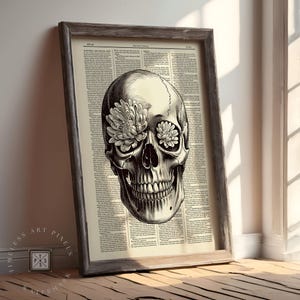 Vintage Skull Flower Poster on Dictionary Page Gothic Botanical Wall Art for Dark Academia Home or Tattoo-Inspired Decor