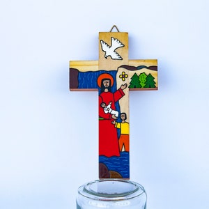 &quot;Christ with Children&quot; cross made of wood and hand-painted in El Salvador. Dimensions are detailed.