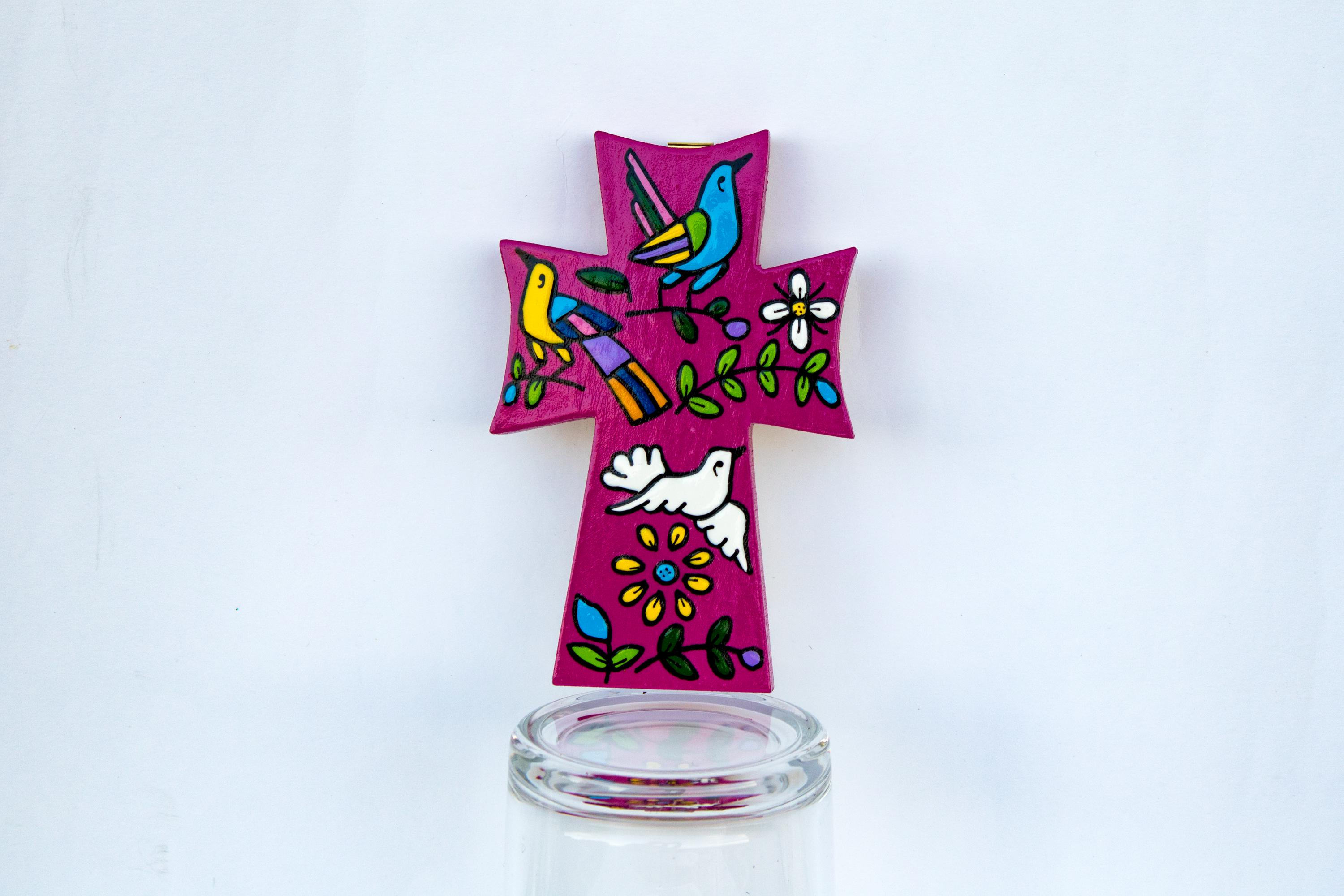 Gothic Cross "Purple Spring" made of wood and hand painted in El Salvador. Measurements in detail