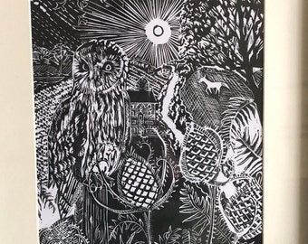 Night owl  , original Lino print A4 size hand printed limited edition of 25
