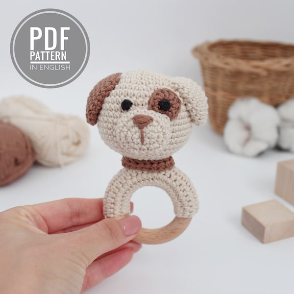 Hond haakpatroon Babyrammelaar Amigurumi hondenpatroon Gehaakt hondenpluchepatroon Gehaakt bijtpatroon Puppy pluche