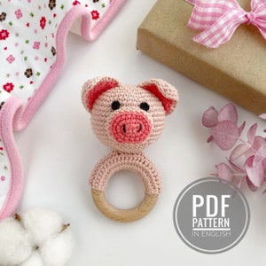 Pig crochet pattern baby rattle Amigurumi pattern Crochet pig plush pattern Baby teether Crochet farm animals image 1