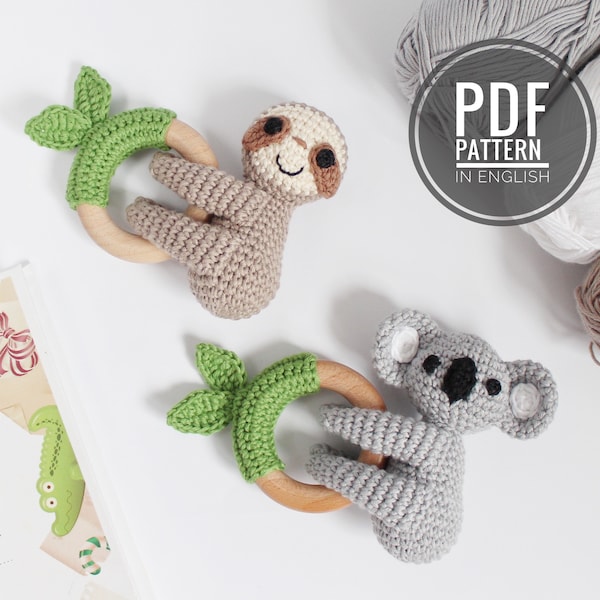 Sloth crochet pattern Koala bear teething baby rattle Amigurumi sloth pattern Koala crochet rattle Crochet sloth plush pattern