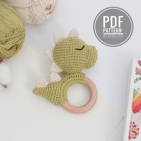 Modèle PDF dinosaure au crochet Hochet amigurumi dinosaure cadeaux pour garçons Dino baby shower Dinosaure en peluche