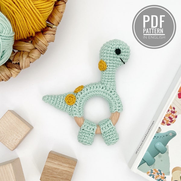 Dinosaur crochet pattern brontosaurus baby rattle Amigurumi dinosaur pattern Crochet dinosaur pattern Stuffed dinosaur toy baby teether