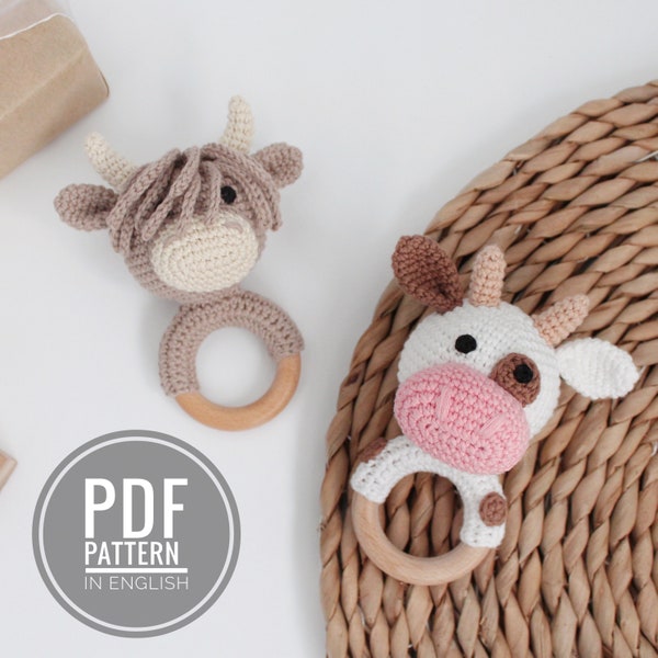 Cow crochet pattern Highland cow pattern teething baby rattle Amigurumi pattern stuffed animal Crochet cow plush Crochet rattle pattern