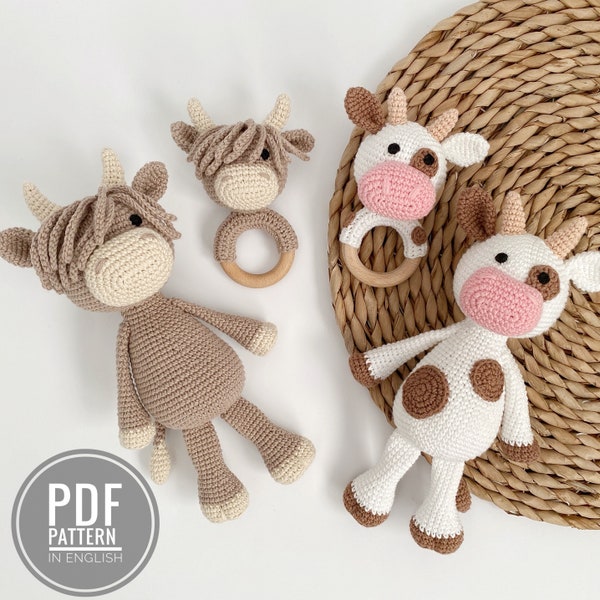 Highland cow crochet pattern Crochet cow plush pattern Cow stuffed animal Baby rattle Amigurumi pattern Baby teether pdf pattern Cow plushie