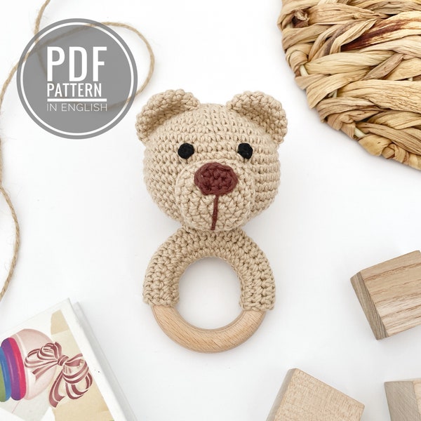 Crochet bear pattern baby rattle Amigurumi pattern Crochet plush bear animal baby teether Amigurumi bear crochet rattle pattern