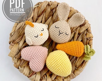 Easter decorations crochet pattern Easter amigurumi pattern Crochet bunny Crochet chicken Easter egg Carrot Crochet heart Easter ornaments