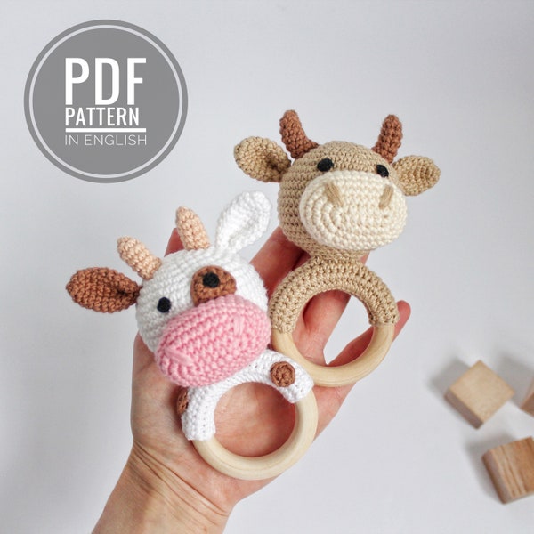 Cow crochet pattern Baby rattle Crochet bull pattern Stuffed cow plushie Amigurumi ox Cow stuffed animal pattern crochet rattle