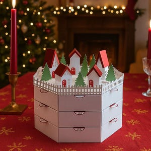 Digitale Dateien zum schneiden eines großen, wiederverwendbaren Adventskalenders mit 24 Fächern & Weihnachtsdorf für Cricut, Silhouette, ScanNCut, Adventsvorlage