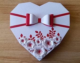 Paquete de archivos SVG para hacer una caja de regalo en forma de corazón con cinta, lazo y flores, Cricut, ScanNCut, Silhouette, Gift box svg, Flower svg
