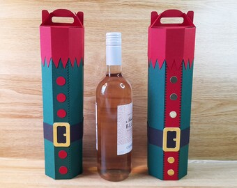 Digital file to cut an elf-themed bottle box for a 750ml wine bottle, Christmas Gift Bag for Cricut, Silhouette & ScanNCut, bottle box svg