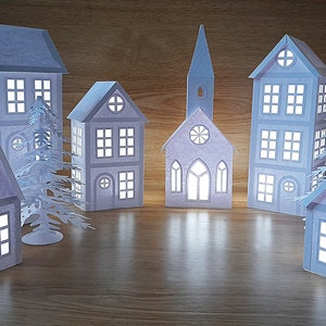 Village de Noël SVG, motif lanterne de maison, arbre de Noël svg, modèles, Cricut, Silhouette, ScanNCut, SVG, Studio 3, CanvasWorkspace