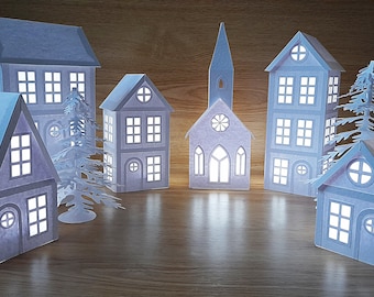 Printable Christmas Village Lanterns, Paper houses & church papercraft PDF, DIY holiday decor, Paper model, Digital download