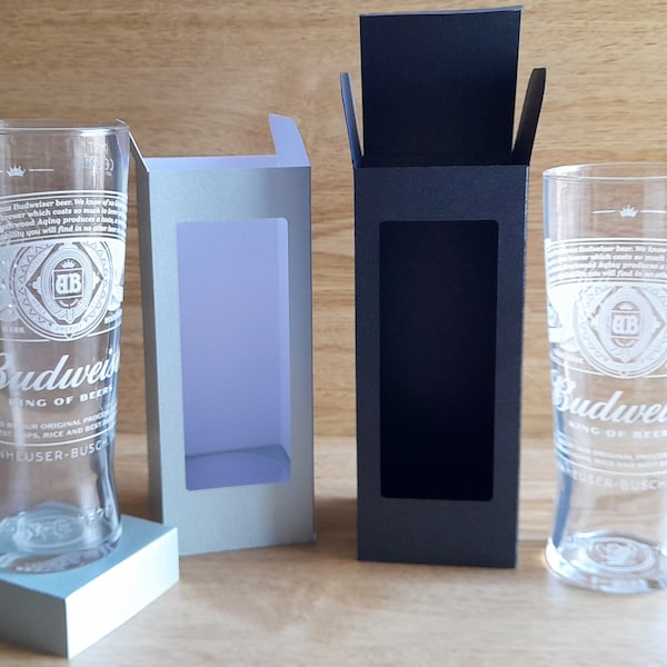 SVG file bundle to cut two styles of box to hold a tall, modern pint glass, Cricut compatible SVG files, Pint glass box SVG