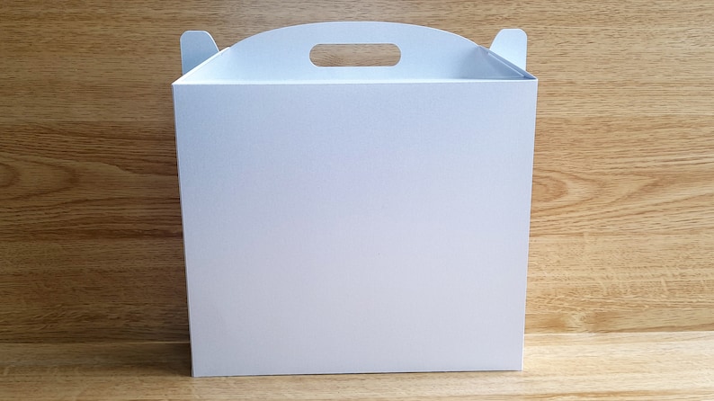 May include: A white cardboard box with a handle on the top. The box is empty and has a smooth surface.