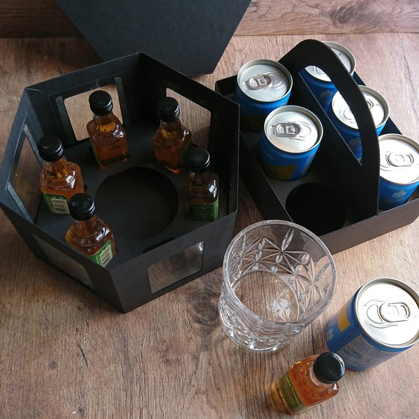 Boîte cadeau pour six miniatures et un verre, Boîte avec couvercle à six faces avec parois fixes et fenêtres en acétate, Fichiers SVG compatibles Cricut,