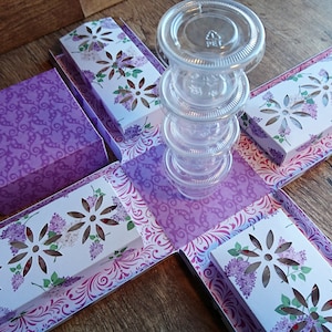 SVG file to cut a 4-sided explosion box to hold four cello-wrapped snap bars and 1oz deli pots, Cricut, Silhouette, ScanNCut, Siser SVGs