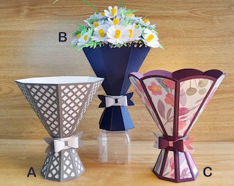 Digital file bundle to cut three different 8-sided bouquet vases with daisies, Cricut, Silhouette, ScanNCut, Flower SVGs, Bouquet Vase SVG