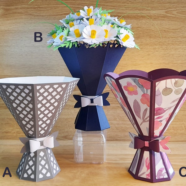 Lot SVG pour couper trois vases bouquet différents à 8 faces avec marguerites, fichiers SVG compatibles Cricut, fleurs SVG, bouquet vase SVG