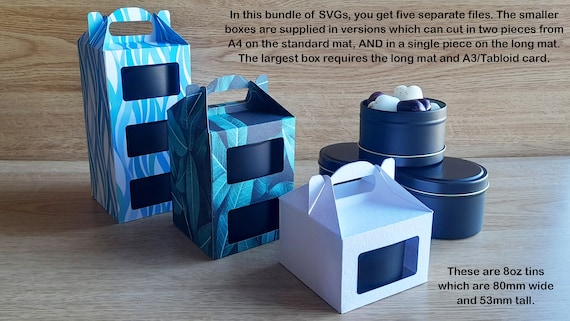 SVG file to cut three different boxes to hold 8oz candle tins, Cricut, Silhouette, ScanNcut, Candle packaging svgs, Gift box svg