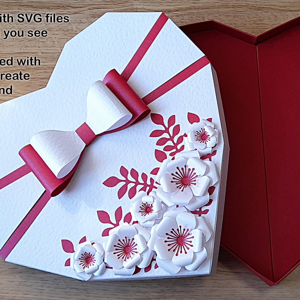 SVG file bundle to make a heart-shaped gift box with ribbon, bow and flowers, Cricut, ScanNCut, Silhouette, Gift box svg, Flower svg
