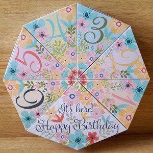 May include: A colorful paper countdown to a birthday with the text "It's here! Happy Birthday" in the center. The countdown features numbers 1 through 6 with floral designs.