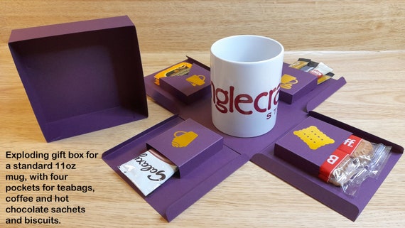 Digital files to cut an exploding gift box for an 11oz mug and treats, Cricut, Silhouette, ScanNCut, Mug box svg, Studio 3, Canvas Workspace