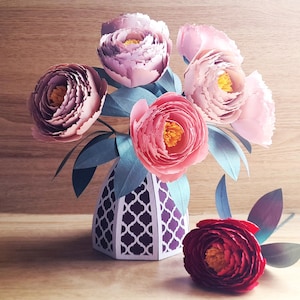 Fichiers numériques pour découper une belle pivoine et un vase, Cricut, Silhouette, ScanNCut, SVG, Studio3, toile, espace de travail, modèle de bouquet, modèle de vase