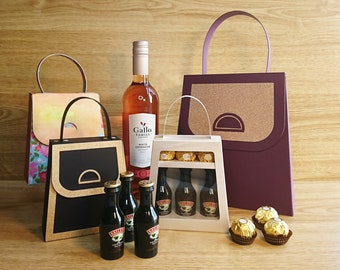 Archivo SVG para cortar bolsa de regalo para tres botellas de licor y tres chocolates, Bolsa de regalo grande SVG, Bolsa de regalo con tapa SVG, Archivos compatibles con Cricut