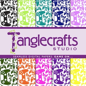 Op de afbeelding: Een verzameling naadloze digitale papieren met een herhalend patroon van gamecontrollers in verschillende kleuren. Het kleurenpalet omvat zwart, groen, blauwgroen, blauw, paars, oranje, roze en geel. De tekst "Tanglecrafts Studio" en "GAME ON..." zijn ook zichtbaar.