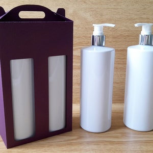 Archivo SVG para cortar una caja de presentación con tapa a dos aguas para dos botellas con bomba de 500 ml, Cricut, Silhouette, ScanNcut, Caja de regalo alta SVG, Caja de botella SVG