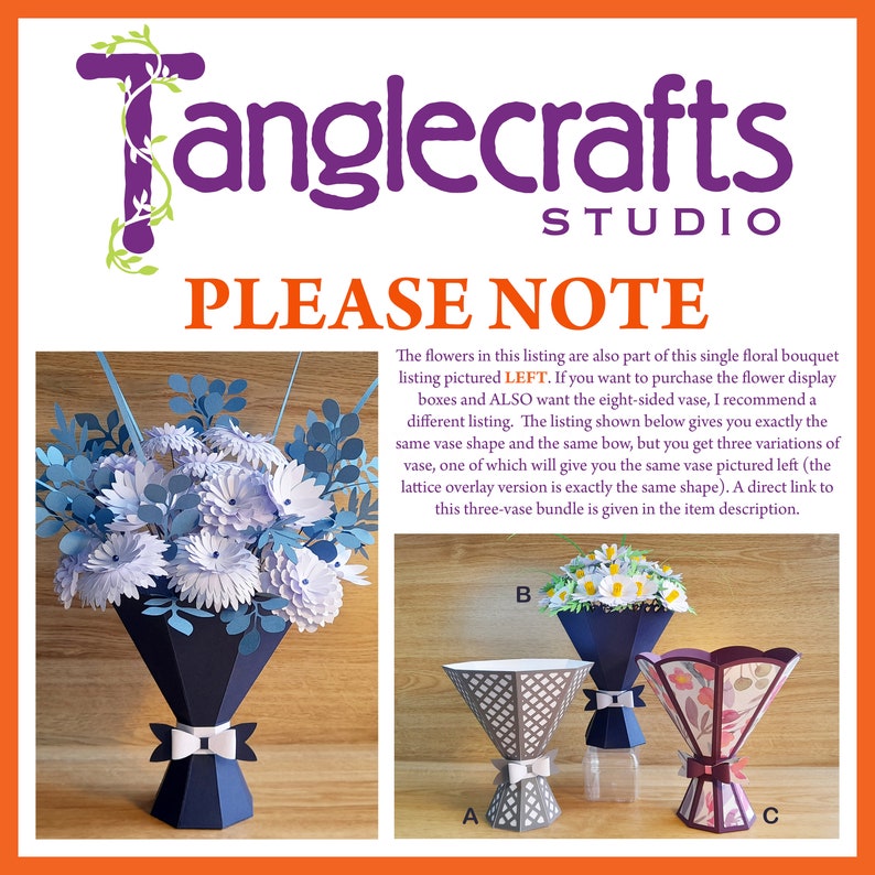May include: Three paper flower vase designs with a bouquet of white and blue paper flowers in each. The vases are labeled A, B, and C. The text "PLEASE NOTE" is at the top of the image. The text below explains that the flowers are part of a larger set and that the vases are available in different designs.