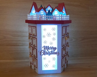 Luxury reusable illuminated advent calendar, 24 drawers & Christmas Village, Cricut, Silhouette, ScanNCut, Christmas SVG templates