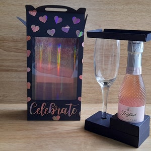 Caja de presentación para regalo para copa de champán + botella de vino, archivos digitales para Cricut, Silhouette y ScanNCut, SVG, Studio 3, Canvas Workspace