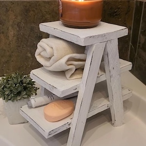 Small countertop Ladder/Riser/Soap Display/towels rack holder shelves 3 Tiered Tabletop Plant Stand Step Style Desktop Storage Organizer image 6