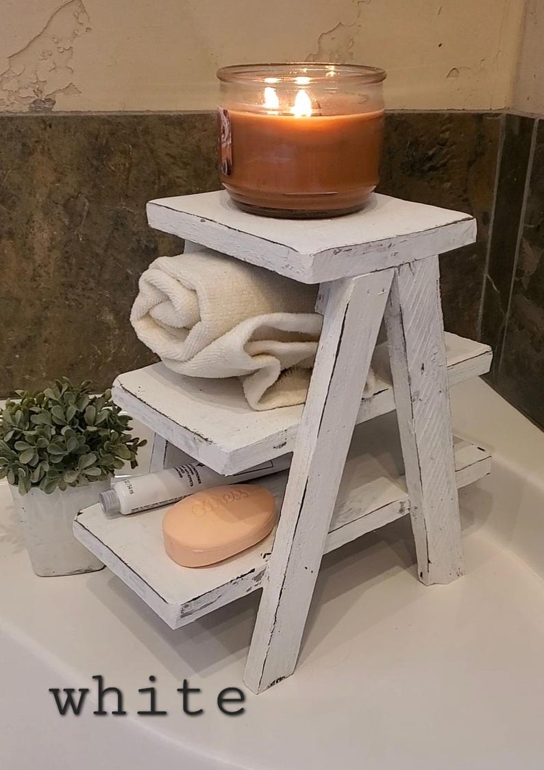Small countertop Ladder/Riser/Soap Display/towels rack holder shelves 3 Tiered Tabletop Plant Stand Step Style Desktop Storage Organizer image 6