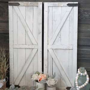2  barn door shutters 30'' tall light weight wood with fake cardboard hinges farmhouse whitewashed shabby chic