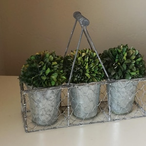 May include: A rectangular wire mesh caddy with a central handle containing three galvanized metal buckets. Each bucket holds a dense, rounded green faux boxwood plant. The metal structure has a weathered, silver-toned finish throughout.