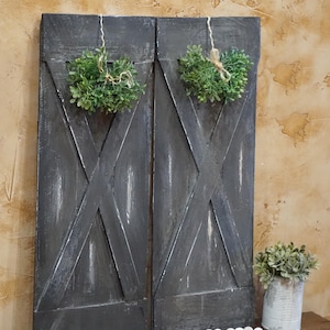 Farmhouse charcoal washed farmhouse gray distressed mini interior X shutters barn doors wall decor