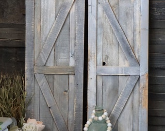 2 wall decor shutters barn doors farmhouse grey stained wood decorative fake hinges