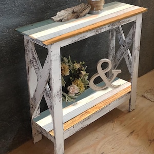 Ocean Beach Coastal Console sofa entryway table tv stand x legs farmhouse white distressed