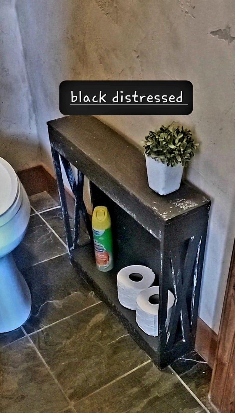 Farmhouse Distressed Narrow End Side Table/bathroom shelf towels toilet paper holder storage slim narrow rental airbnb furniture image 8