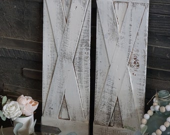 2 barn door  X shutters wall sconces light weight thin wood  23'' tall with fake cardboard hinges