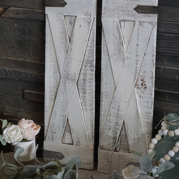 2 barn door  X shutters wall sconces light weight thin wood  23'' tall with fake cardboard hinges
