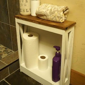 18 inc. wide x5.5 inc. Depth farmhouse white end side table X legs toilet paper holder stand rental airbnb furniture